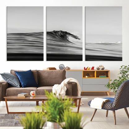 24029476-MGV-CV-36X24-Black Wave Wall Art Canvas Print, Framed Abstract Surf Art Picture Print, Minimalist Ocean Perfect Minimalist Coastal Decor