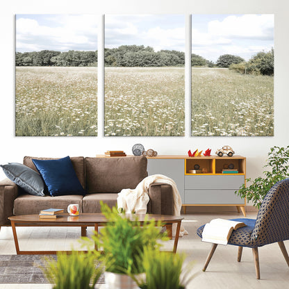 43258946-MGV-CV-36X24-Daisy Field Wall Art Canvas Print, Framed Pastel Flower Art Picture Print, Meadow Bloom Perfect Scandinavian Minimalist Decor