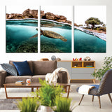 44200301-MGV-CV-36X24-Sea Turtle Swim Wall Art Canvas Print, Framed Ocean Life Art Picture Print, Tropical Shoreline Perfect Tropical Coastal Decor