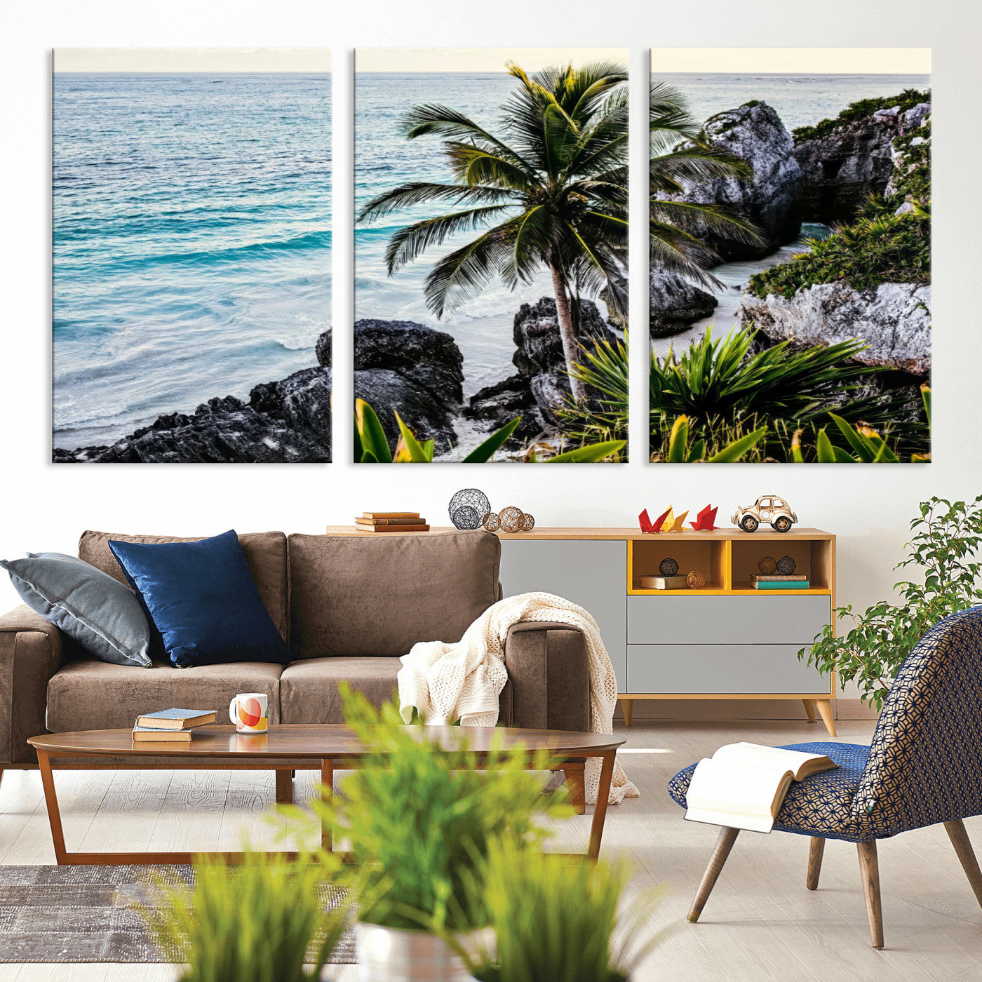 94669907-MGV-CV-36X24-Tropical Coastline Wall Art Canvas Print, Framed Palm Tree Art Picture Print, Rocky Beach Perfect Tropical Coastal Decor Artwork