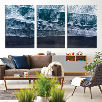 87941475-MGV-CV-36X24-Black Beach Wall Art Canvas Print, Framed Aerial Ocean Art Picture Print, Moody Coastal Perfect Modern Coastal Decor Artwork