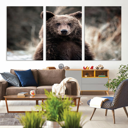 47112103-MGV-CV-36X24-Brown Bear Wall Art Canvas Print, Framed Forest Wildlife Art Picture Print, Woodland Bear Perfect Rustic Cabin Decor Artwork