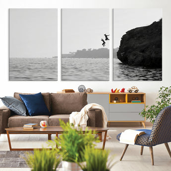 52284302-MGV-CV-36X24-Cliff Jumping Wall Art Canvas Print, Framed Ocean Adventure Art Picture Print, Black White Coast Perfect Modern Coastal Decor