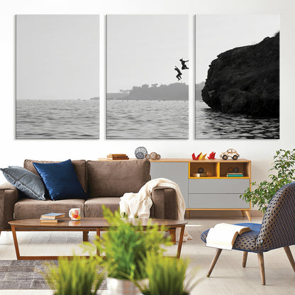 52284302-MGV-CV-36X24-Cliff Jumping Wall Art Canvas Print, Framed Ocean Adventure Art Picture Print, Black White Coast Perfect Modern Coastal Decor