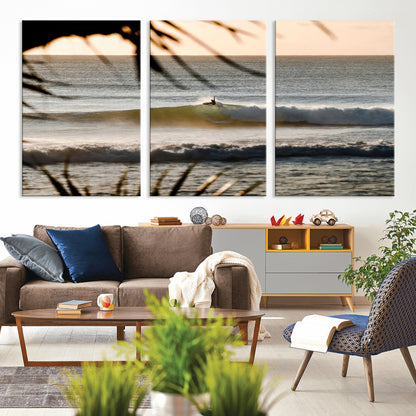 24896468-MGV-CV-36X24-Sunset Surf Wall Art Canvas Print, Framed Golden Waves Art Picture Print, Tropical Ocean Perfect Tropical Boho Decor Artwork