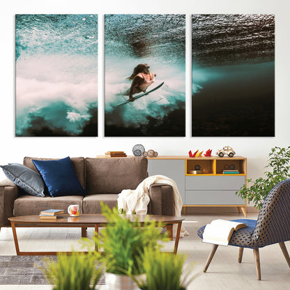85923512-MGV-CV-36X24-Aquatic Motion Wall Art Canvas Print, Framed Underwater Swimming Art Picture Print, Female Surfer Diving Perfect Coastal Boho