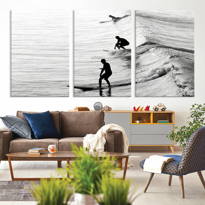 19875284-MGV-CV-36X24-Surfer Waves Wall Art Canvas Print, Framed Black White Surf Art Picture Print, Monochrome Ocean Perfect Modern Coastal Decor