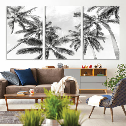 62113786-MGV-CV-36X24-Black White Palm Wall Art Canvas Print, Framed Monochrome Tropics Art Picture Print, Minimalist Beach Perfect Coastal Minimalist