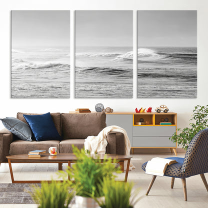 98634812-MGV-CV-36X24-Black and White Ocean Waves Wall Art – Minimalist Sea Canvas Print, Coastal Photography Decor for Living Room, Bedroom or Office