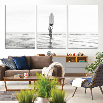 98446901-MGV-CV-36X24-Monochrome Surf Wall Art Canvas Print, Framed Minimalist Surfer Art Picture Print, Surfboard Silhouette Perfect Coastal Minimalist