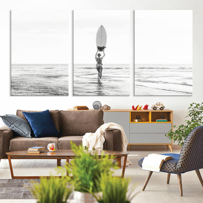 98446901-MGV-CV-36X24-Monochrome Surf Wall Art Canvas Print, Framed Minimalist Surfer Art Picture Print, Surfboard Silhouette Perfect Coastal Minimalist