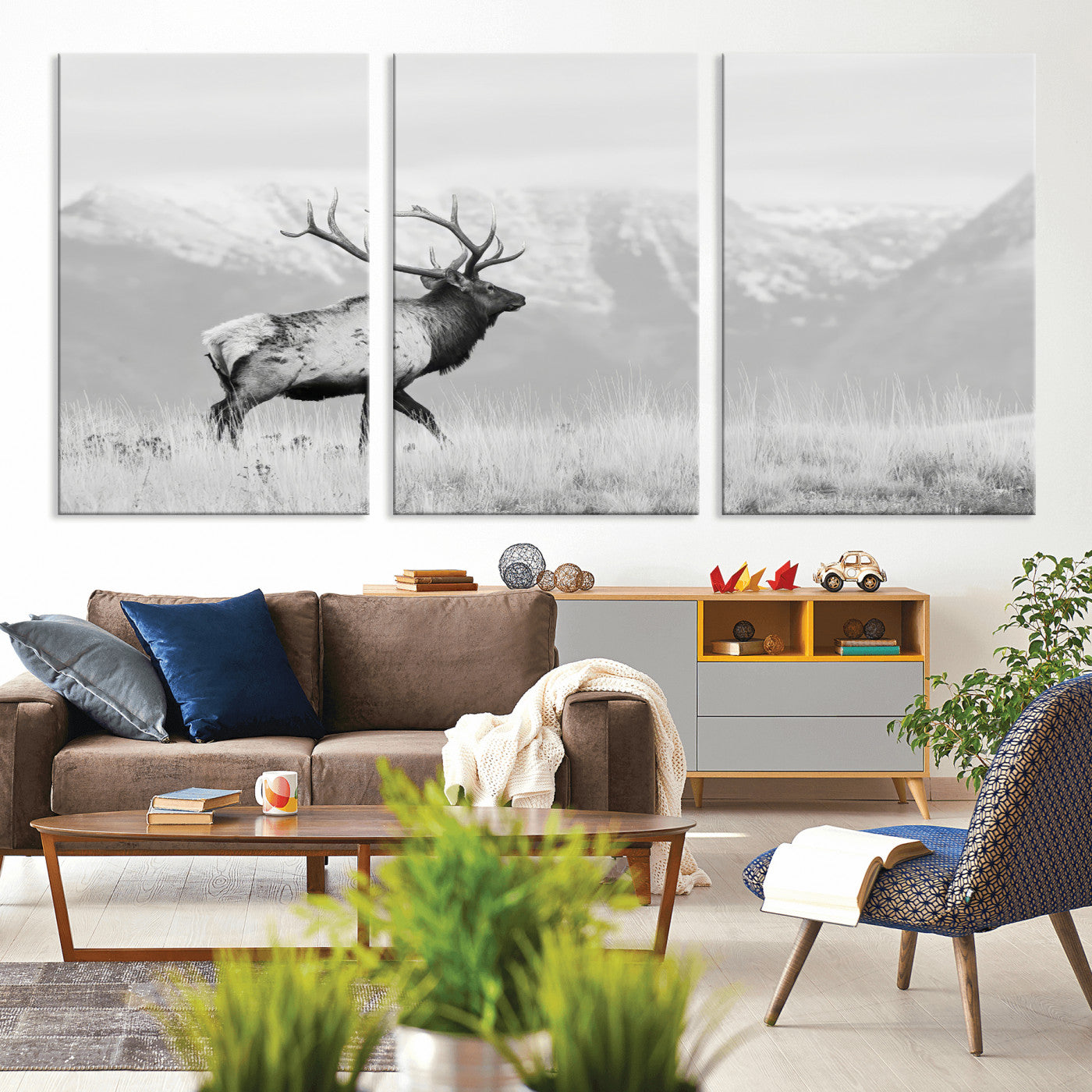 62278753-MGV-CV-36X24-Monochrome Elk Wall Art Canvas Print, Framed Mountain Wildlife Art Picture Print, Rustic Nature Perfect Rustic Minimalist Decor