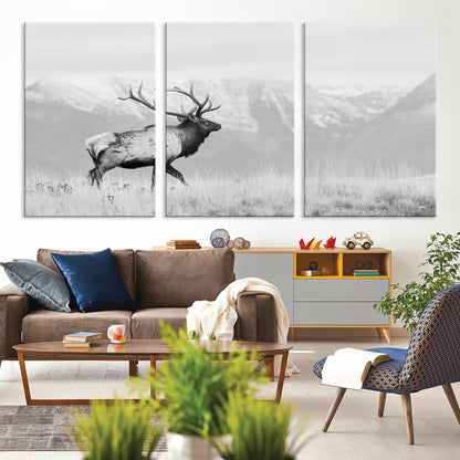 62278753-MGV-CV-36X24-Monochrome Elk Wall Art Canvas Print, Framed Mountain Wildlife Art Picture Print, Rustic Nature Perfect Rustic Minimalist Decor