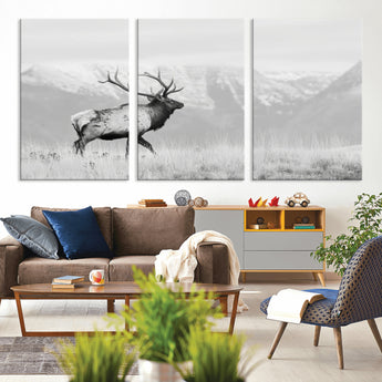 62278753-MGV-CV-36X24-Monochrome Elk Wall Art Canvas Print, Framed Mountain Wildlife Art Picture Print, Rustic Nature Perfect Rustic Minimalist Decor