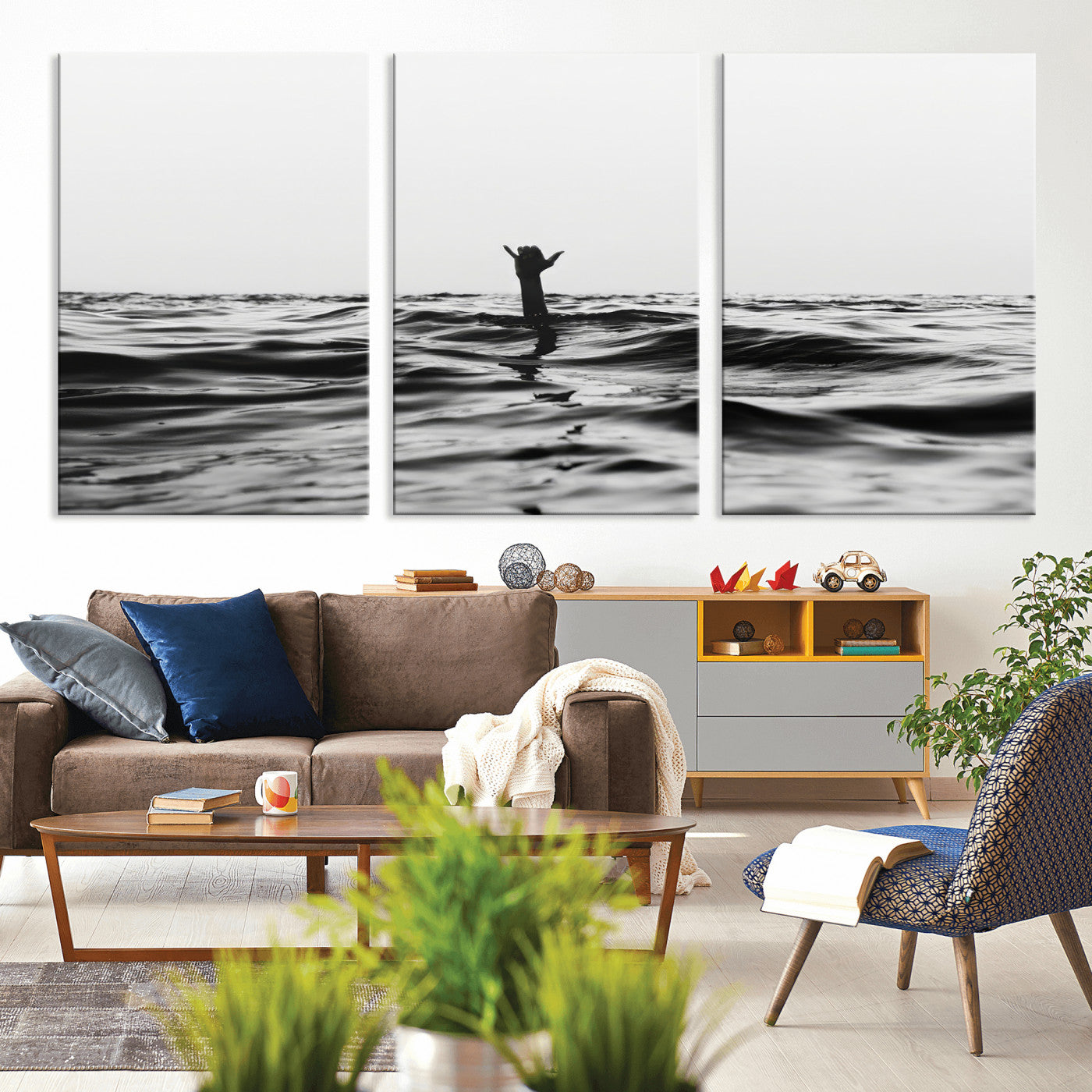 69541918-MGV-CV-36X24-Black White Ocean Wall Art Canvas Print, Framed Moody Seascape Art Picture Print, Surfer Sign Perfect Moody Minimalist Decor
