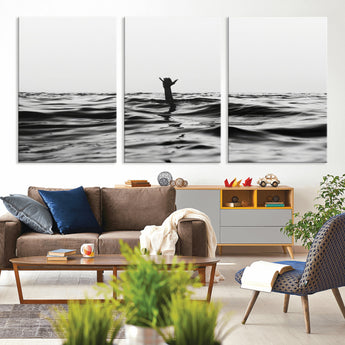 69541918-MGV-CV-36X24-Black White Ocean Wall Art Canvas Print, Framed Moody Seascape Art Picture Print, Surfer Sign Perfect Moody Minimalist Decor