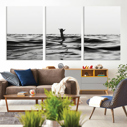 69541918-MGV-CV-36X24-Black White Ocean Wall Art Canvas Print, Framed Moody Seascape Art Picture Print, Surfer Sign Perfect Moody Minimalist Decor