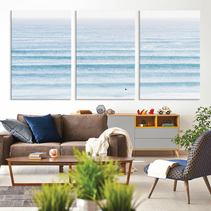 77145995-MGV-CV-36X24-Ocean Simplicity Wall Art Canvas Print, Framed Surfer on Water Art Picture Print, Light Blue Perfect Coastal Minimalist Decor