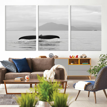 30524220-MGV-CV-36X24-Whale Tail Wall Art Canvas Print, Framed Black White Ocean Art Picture Print, Calm Marine Perfect Minimalist Coastal Decor Artwork