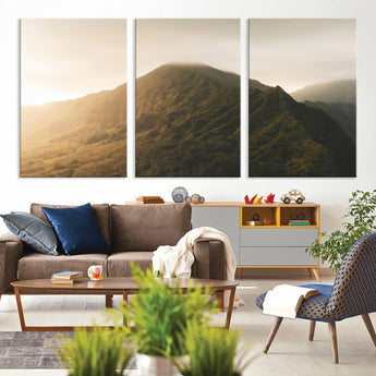 42338636-MGV-CV-36X24-Golden Mountain Wall Art Canvas Print, Framed Misty Summit Art Picture Print, Rugged Landscape Perfect Moody Wilderness Decor