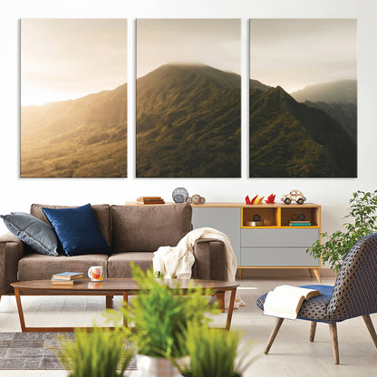 42338636-MGV-CV-36X24-Golden Mountain Wall Art Canvas Print, Framed Misty Summit Art Picture Print, Rugged Landscape Perfect Moody Wilderness Decor