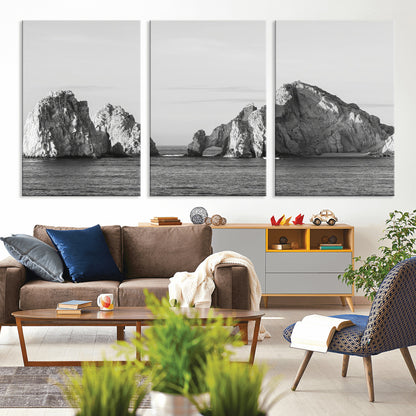 18810731-MGV-CV-36X24-Rugged Coastline Wall Art Canvas Print, Framed Ocean Cliffs Art Picture Print, Monochrome Seascape Perfect Coastal Minimalist