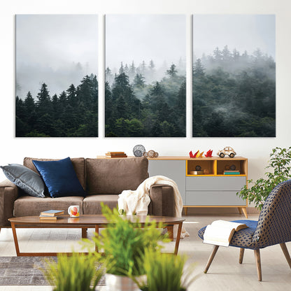 84146572-MGV-CV-36X24-Foggy Pine Trees Wall Art Canvas Print, Framed Forest Nature Art Picture Print, Evergreen Forest Perfect Scandinavian Minimalist