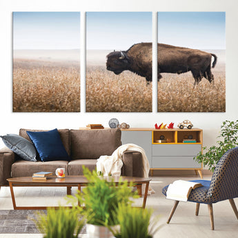 99620201-MGV-CV-36X24-Wild Bison Wall Art Canvas Print, Framed Bison in Prairie Art Picture Print, Rustic Western Perfect Rustic Western Decor Artwork