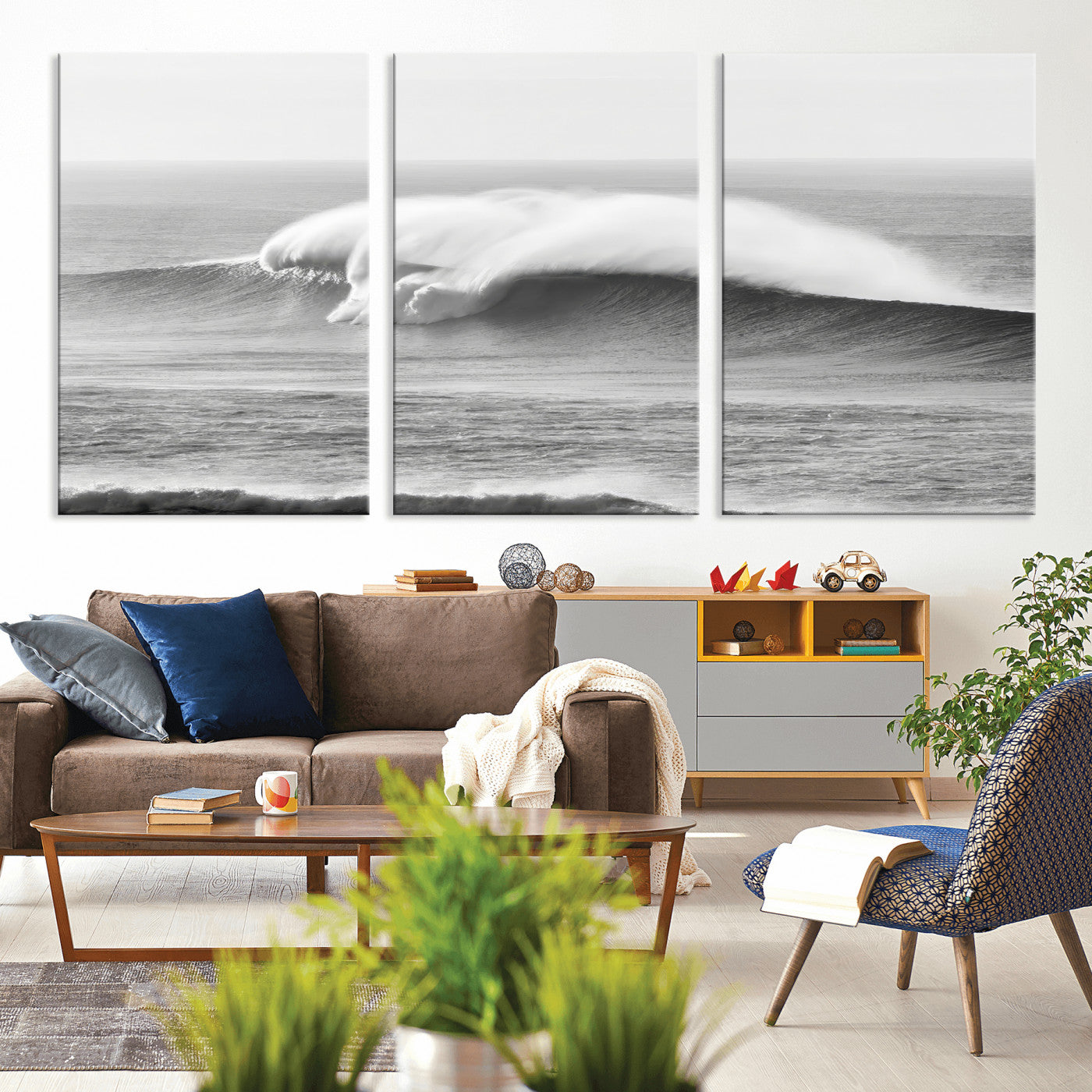 42544082-MGV-CV-36X24-Monochrome Seascape Wall Art Canvas Print, Framed Surf Wave Art Picture Print, Minimalist Ocean Perfect Moody Coastal Decor