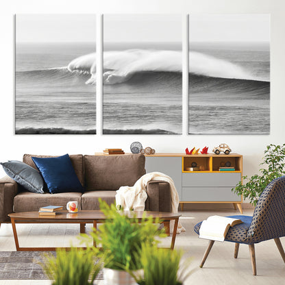 42544082-MGV-CV-36X24-Monochrome Seascape Wall Art Canvas Print, Framed Surf Wave Art Picture Print, Minimalist Ocean Perfect Moody Coastal Decor