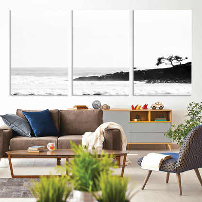 40875891-MGV-CV-36X24-SurferCliffs Wall Art Canvas Print, Framed Black White Beach Art Picture Print, Ocean Waves Perfect Minimalist Coastal Decor