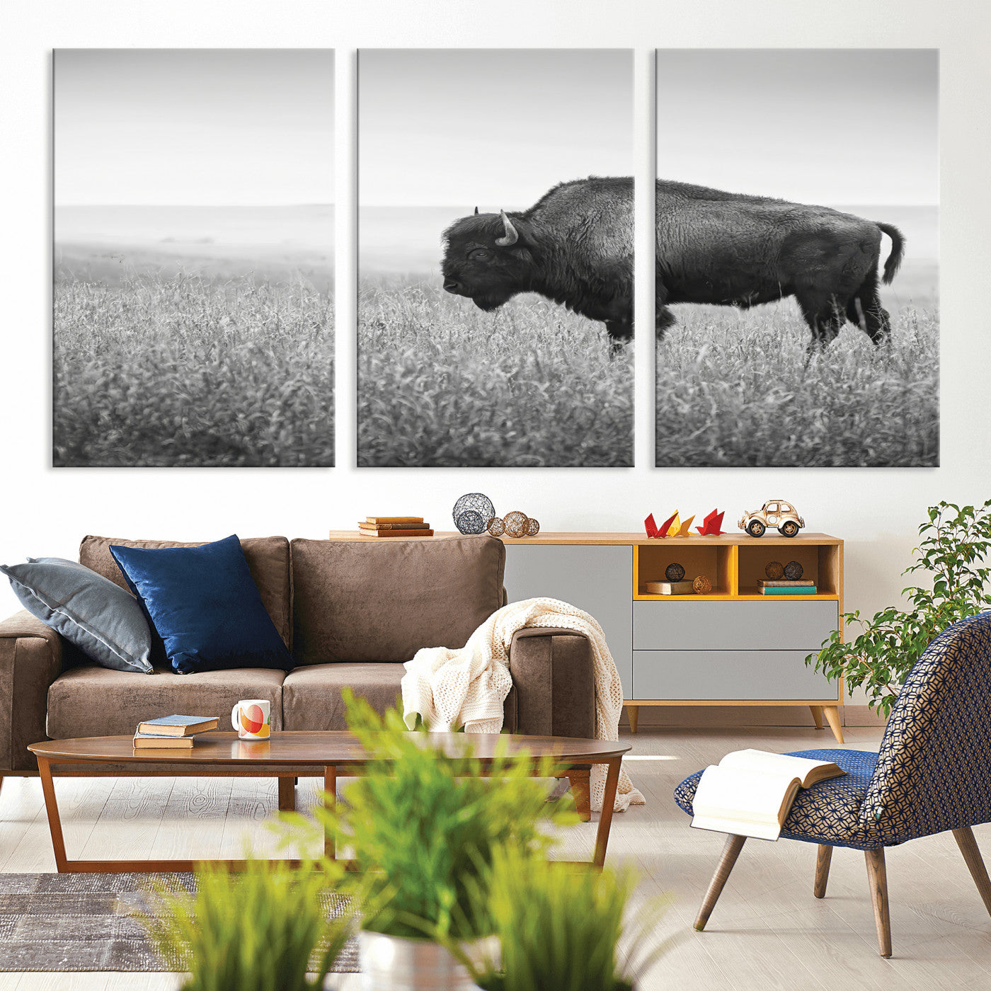 28435251-MGV-CV-36X24-Bison In Prairie Wall Art Canvas Print, Framed Rustic Wildlife Art Picture Print, Wild Buffalo Perfect Rustic Western Decor