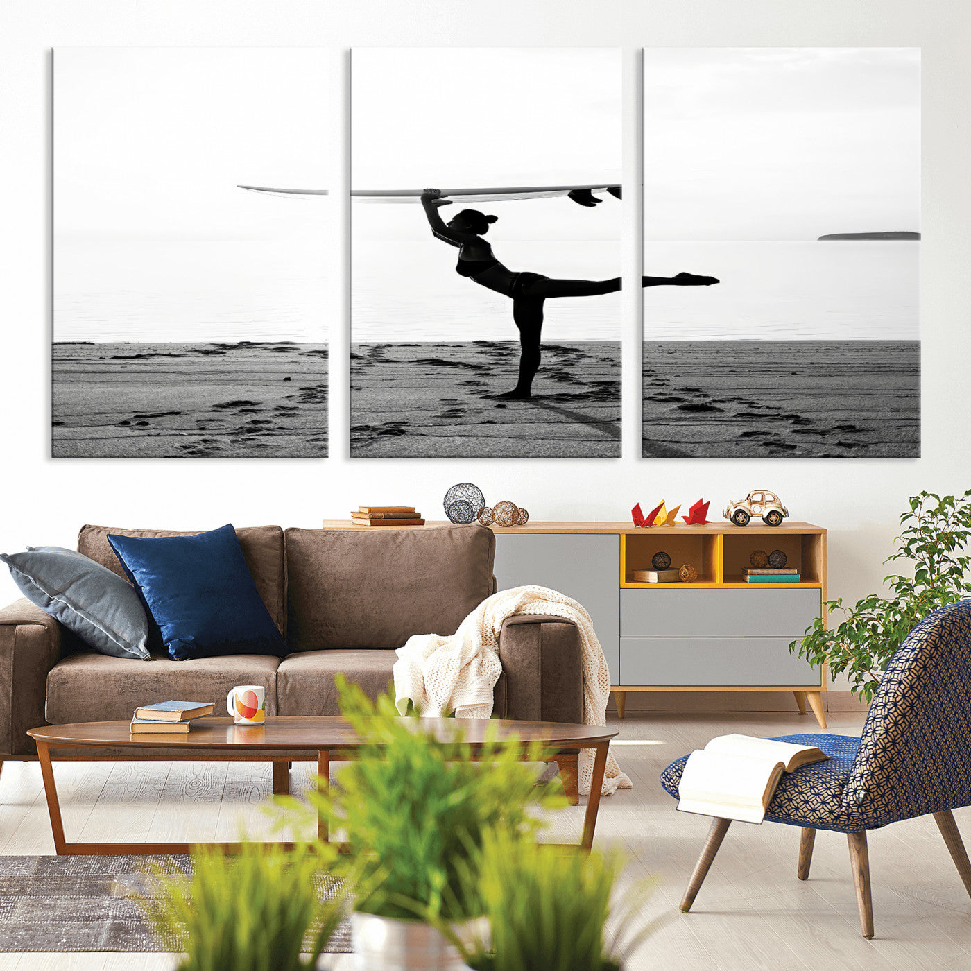 28441356-MGV-CV-36X24-Yoga Surf Wall Art Canvas Print, Framed Black White Shore Art Picture Print, Peaceful Ocean Perfect Minimalist Coastal Decor