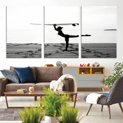 28441356-MGV-CV-36X24-Yoga Surf Wall Art Canvas Print, Framed Black White Shore Art Picture Print, Peaceful Ocean Perfect Minimalist Coastal Decor