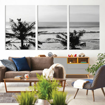 17508038-MGV-CV-36X24-Tropical Coastline Wall Art Canvas Print, Framed Palm Trees Art Picture Print, Ocean Waves Perfect Minimalist Coastal Decor
