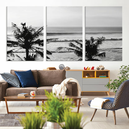 17508038-MGV-CV-36X24-Tropical Coastline Wall Art Canvas Print, Framed Palm Trees Art Picture Print, Ocean Waves Perfect Minimalist Coastal Decor
