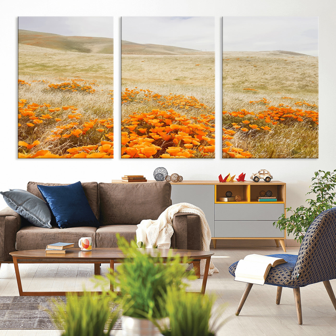 28972262-MGV-CV-36X24-Golden Wildflowers Wall Art Canvas Print, Framed Hills Bloom Art Picture Print, Poppy Meadow Perfect Rustic Nature Decor Artwork