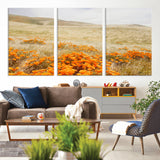 28972262-MGV-CV-36X24-Golden Wildflowers Wall Art Canvas Print, Framed Hills Bloom Art Picture Print, Poppy Meadow Perfect Rustic Nature Decor Artwork