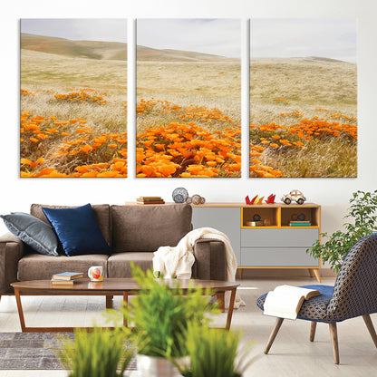 28972262-MGV-CV-36X24-Golden Wildflowers Wall Art Canvas Print, Framed Hills Bloom Art Picture Print, Poppy Meadow Perfect Rustic Nature Decor Artwork