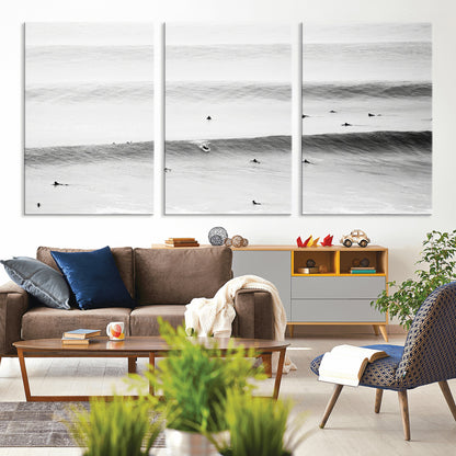 54291445-MGV-CV-36X24-Black White Ocean Wall Art Canvas Print, Framed Coastal Sport Art Picture Print, Ocean Culture Perfect Minimalist Coastal Decor
