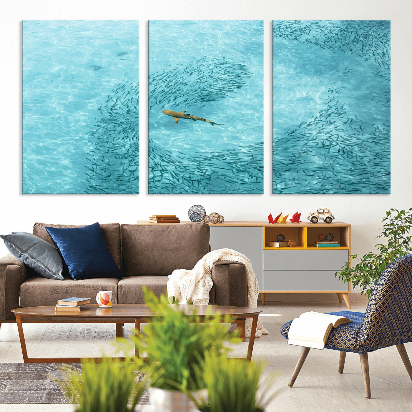 43671474-MGV-CV-36X24-Fish Swarm Wall Art Canvas Print, Framed Marine Life Art Picture Print, Shark Aerial Perfect Wildlife Coastal Decor Artwork