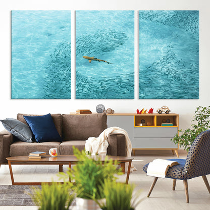 43671474-MGV-CV-36X24-Fish Swarm Wall Art Canvas Print, Framed Marine Life Art Picture Print, Shark Aerial Perfect Wildlife Coastal Decor Artwork