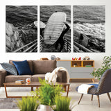32353707-MGV-CV-36X24-Black White Surfing Wall Art Canvas Print, Framed Coastal Surfing Art Picture Print, Wave Riders Perfect Coastal Adventure Decor