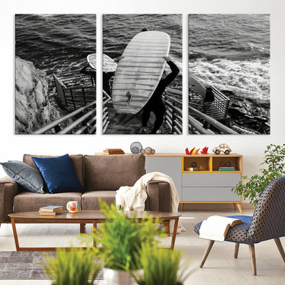 32353707-MGV-CV-36X24-Black White Surfing Wall Art Canvas Print, Framed Coastal Surfing Art Picture Print, Wave Riders Perfect Coastal Adventure Decor