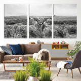 24051061-MGV-CV-36X24-Monochrome Highland Cow Wall Art Canvas Print, Framed Scottish Bull Art Picture Print, Lone Cattle Perfect Rustic Farmhouse Decor