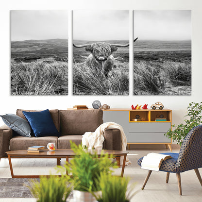 24051061-MGV-CV-36X24-Monochrome Highland Cow Wall Art Canvas Print, Framed Scottish Bull Art Picture Print, Lone Cattle Perfect Rustic Farmhouse Decor