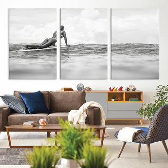 69798068-MGV-CV-36X24-Black White Surfing Wall Art Canvas Print, Framed Ocean Horizon Art Picture Print, Surfer Girl Perfect Coastal Adventure Decor