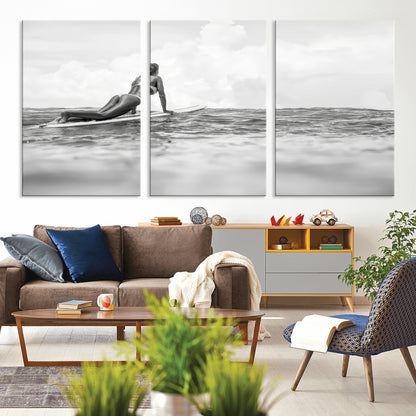 69798068-MGV-CV-36X24-Black White Surfing Wall Art Canvas Print, Framed Ocean Horizon Art Picture Print, Surfer Girl Perfect Coastal Adventure Decor