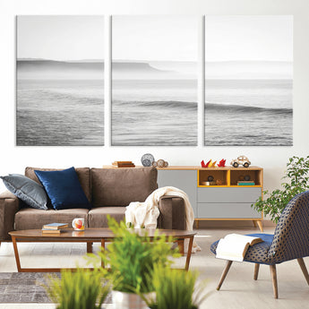 60635783-MGV-CV-60X30-3P-Black White Seascape Wall Art Canvas Print, Framed Ocean Waves Art Picture Print, Misty Coastal Perfect Minimalist Coastal Decor