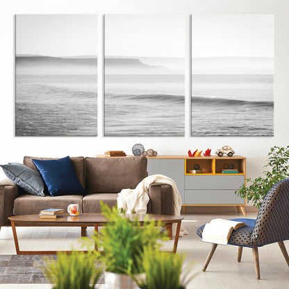60635783-MGV-CV-60X30-3P-Black White Seascape Wall Art Canvas Print, Framed Ocean Waves Art Picture Print, Misty Coastal Perfect Minimalist Coastal Decor
